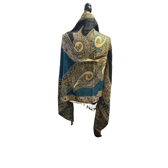 Pashmina Paisley Patterned Reversible Shawl/Wrap With Fringe - Teal & Gold - Wom - Picture 2 of 7